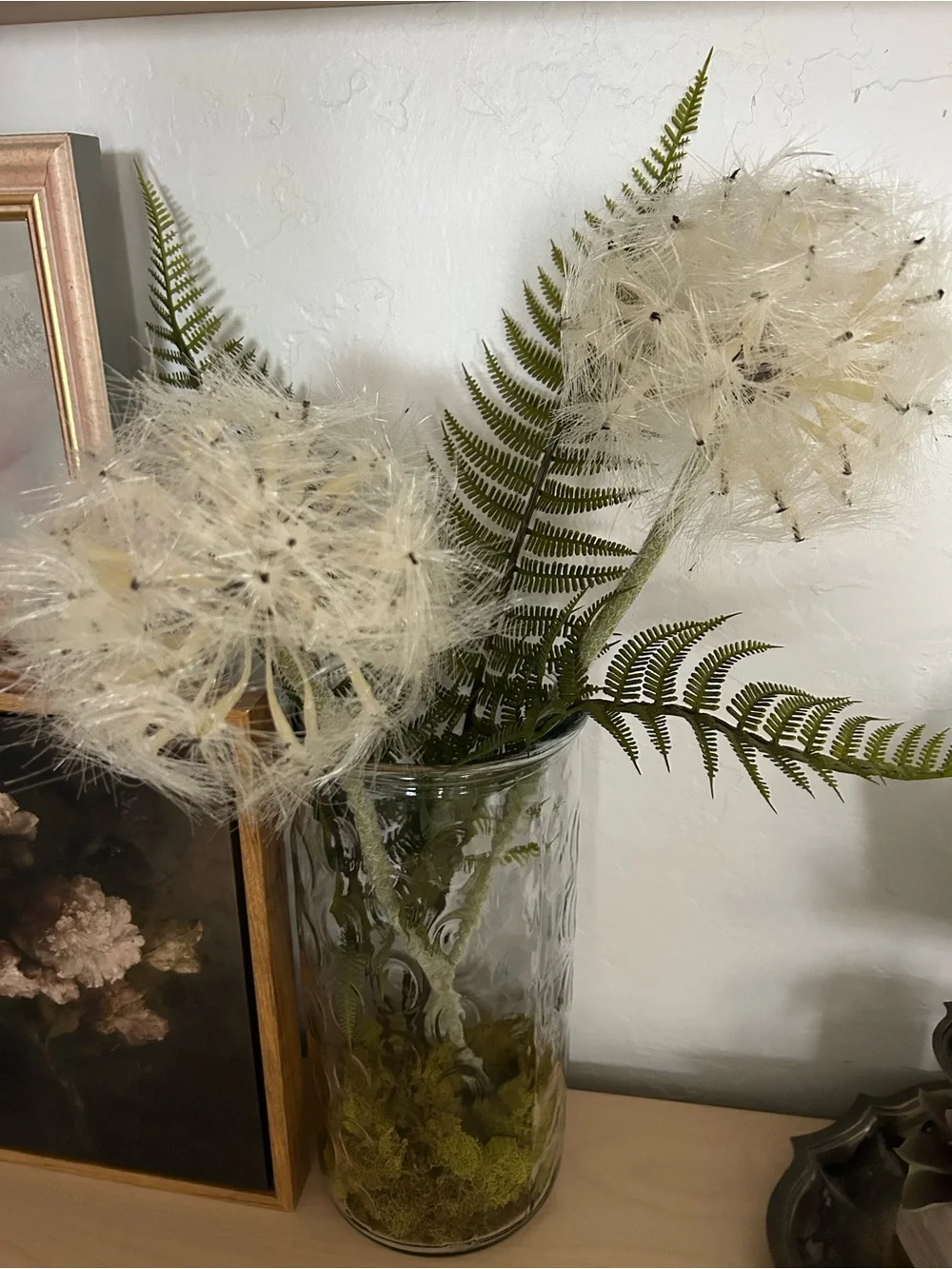 Neutral White faux Dandelion & Fern Arrangement vase moss whimsical boho rustic